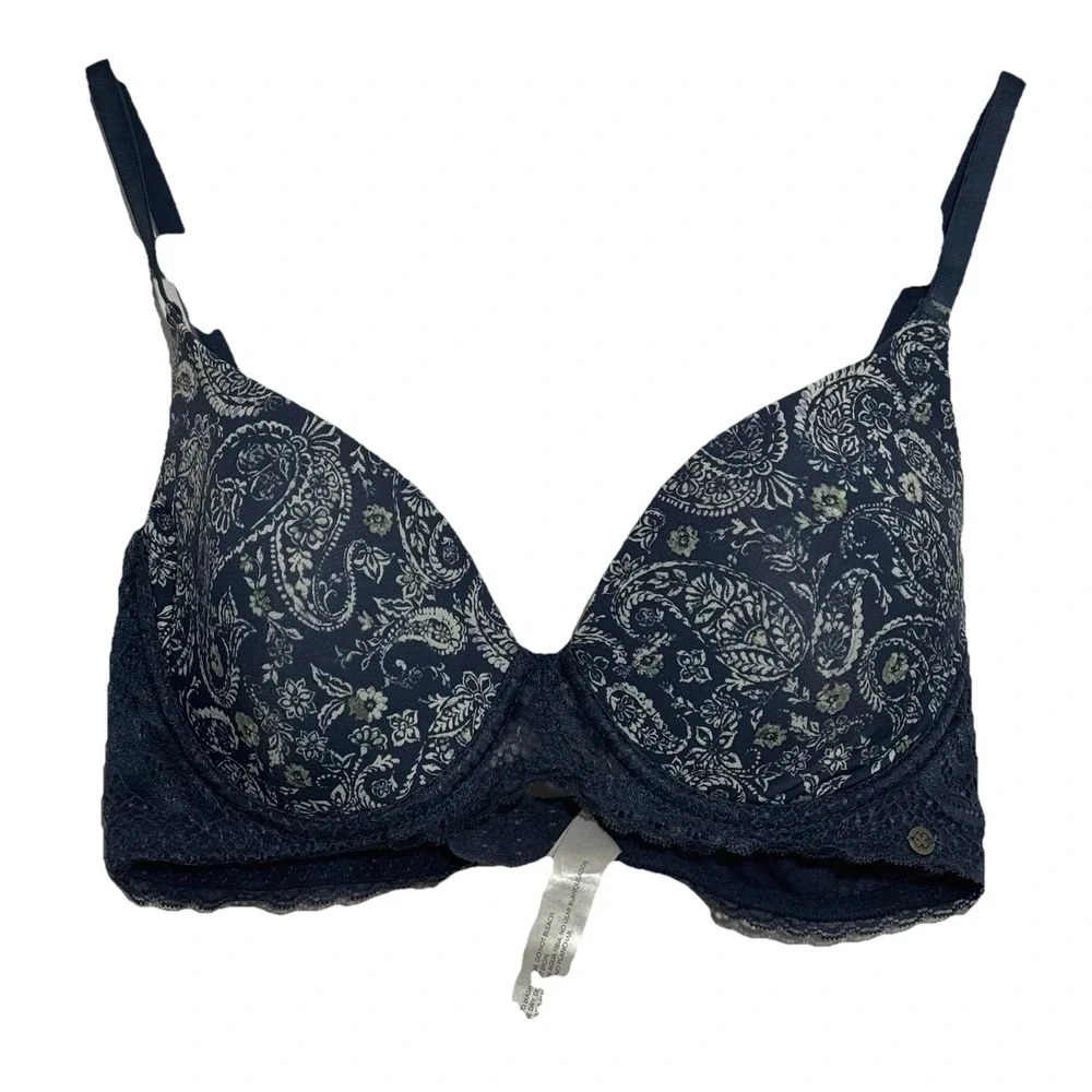 Lucky Brand Bra‎ 36C Navy Blue Paisley Underwire Contour Padded Lace Mesh Trim